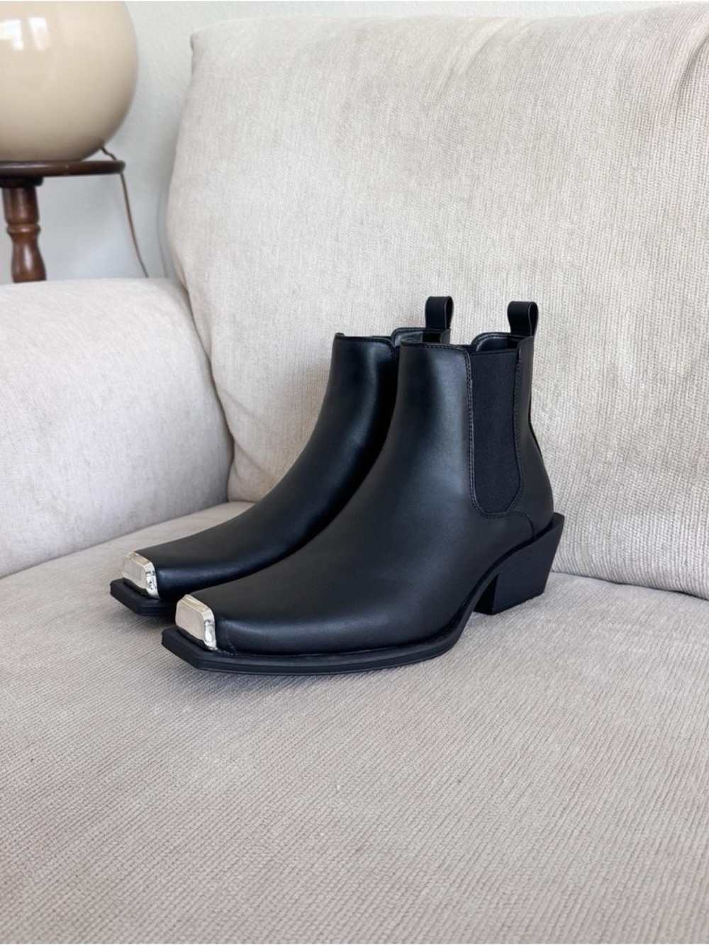 ASOS Black Boots 8 Ankle Square Toe Chelsea Heeled Western Silver Toe